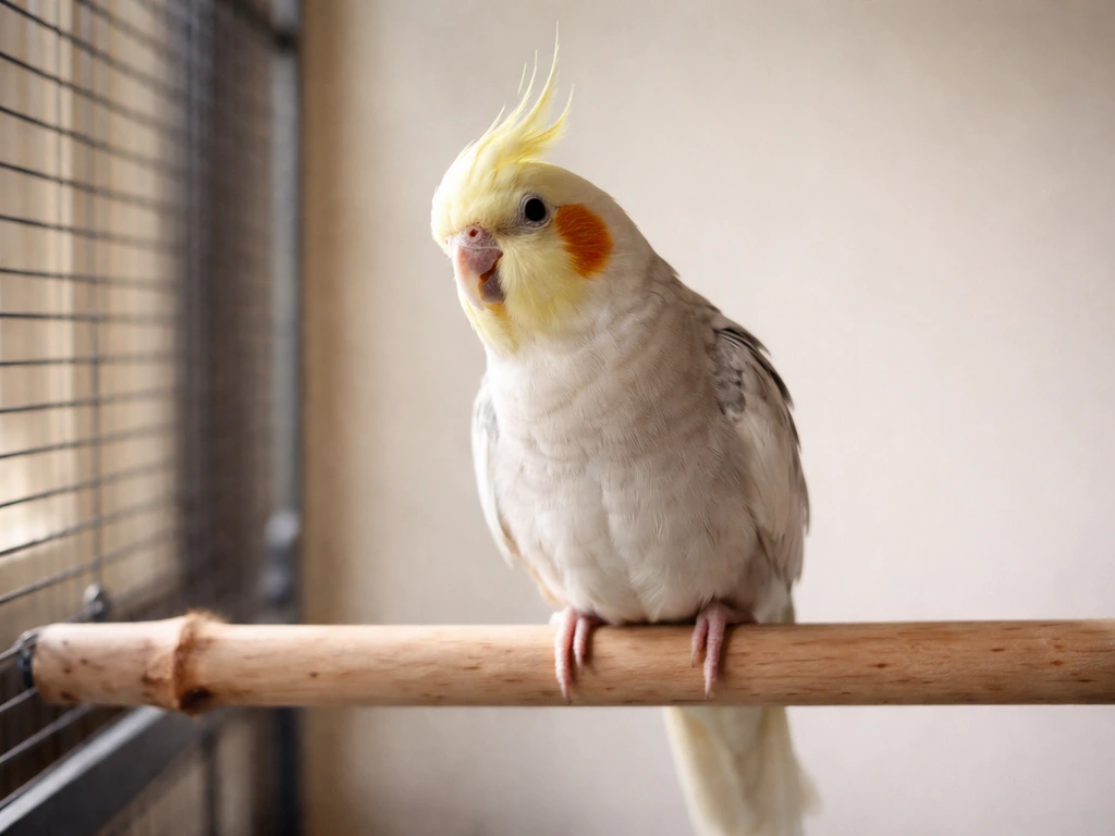 A cockatiel perched on a wooden perch in a calm indoor training setup, looking ready to chirp softly.