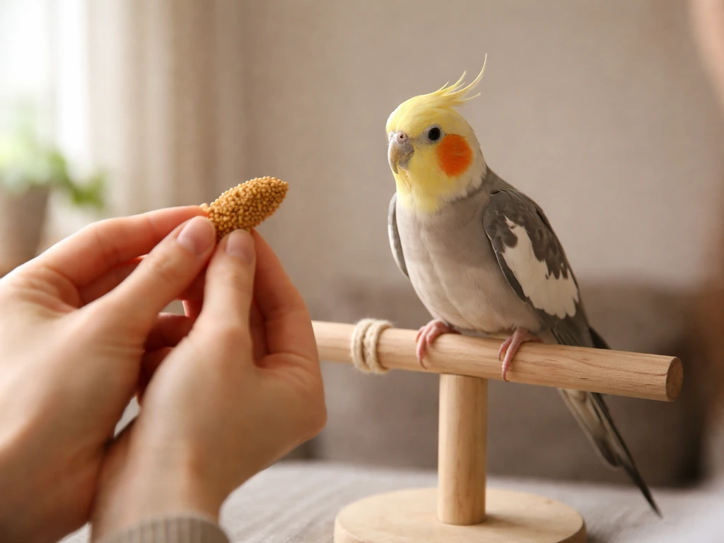 Owner hand offers a small treat to a cockatiel during short target-phrase training.