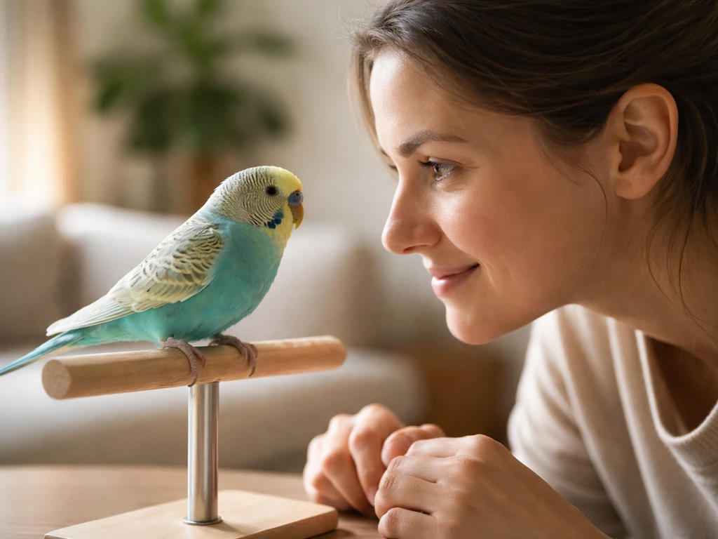 Owner leaning close to a perched bird on a T-bar perch, making eye contact as the bird vocalizes.