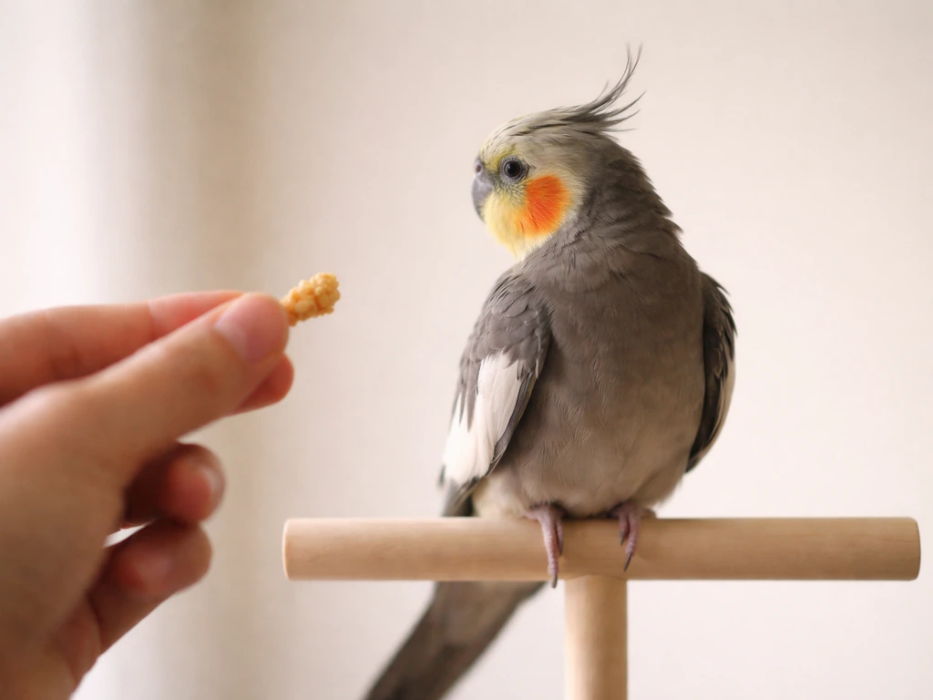 Close-up of a small pet bird looking away from a hand holding an unoffered treat