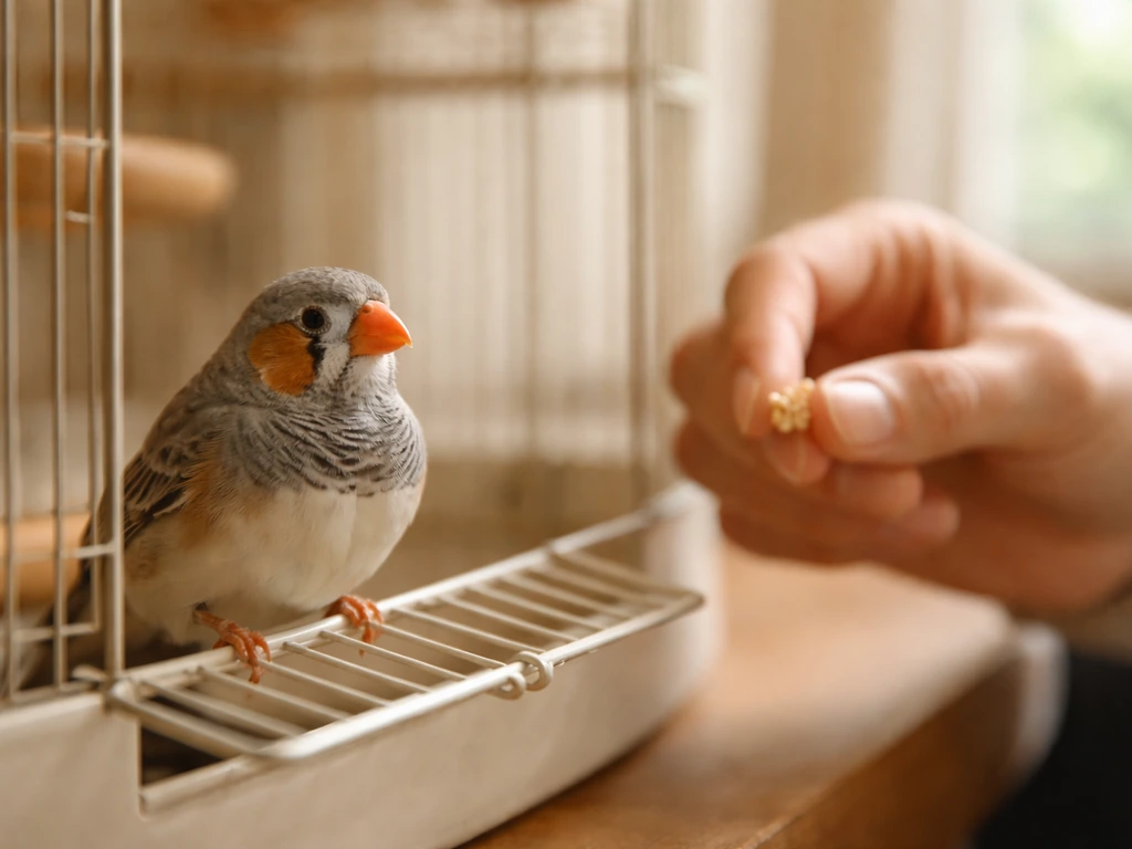 A small pet finch perched near the cage front while a caregiver sits nearby, calm trust-building mood.