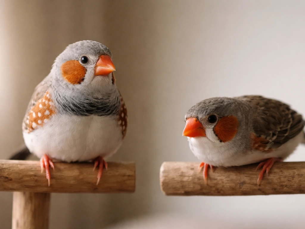 Two finches on a perch showing calm relaxed posture and fearful flattened feathers in soft natural light.