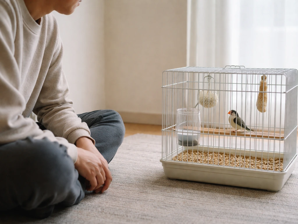 Person sits quietly a few feet from a birdcage as a finch calmly watches nearby.