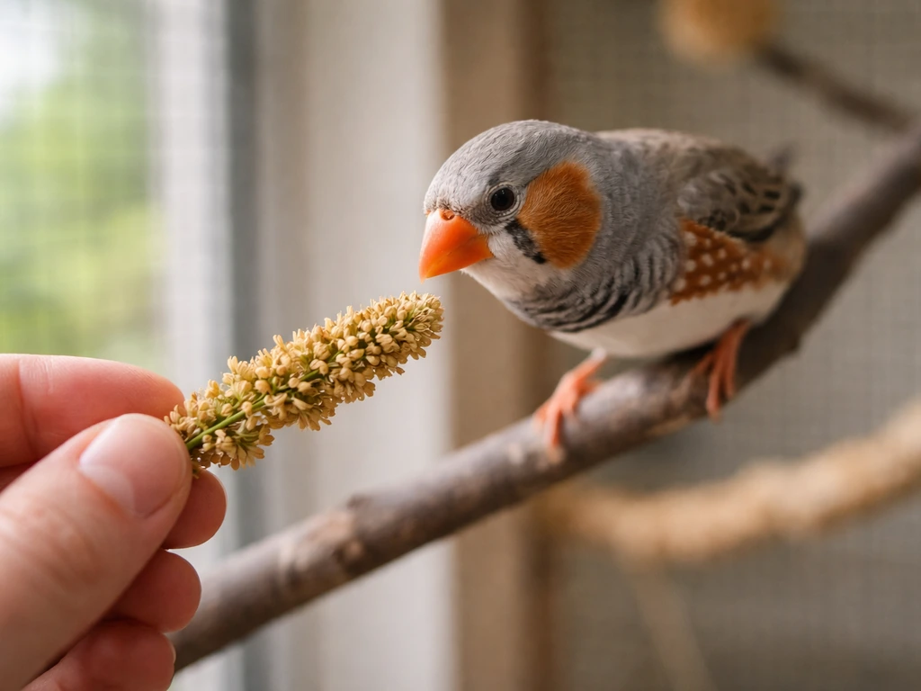 Close-up of a small finch approaching a hand as a millet sprig is offered immediately