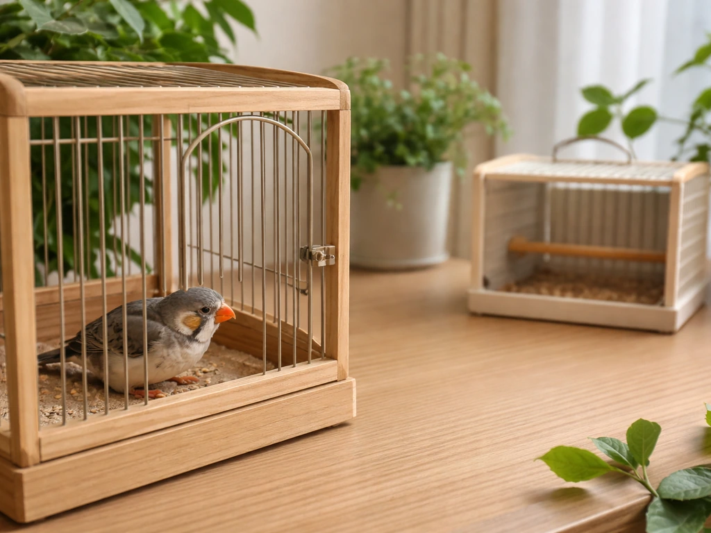 A small finch in a calm indoor setup with an open space nearby showing avoidance distance