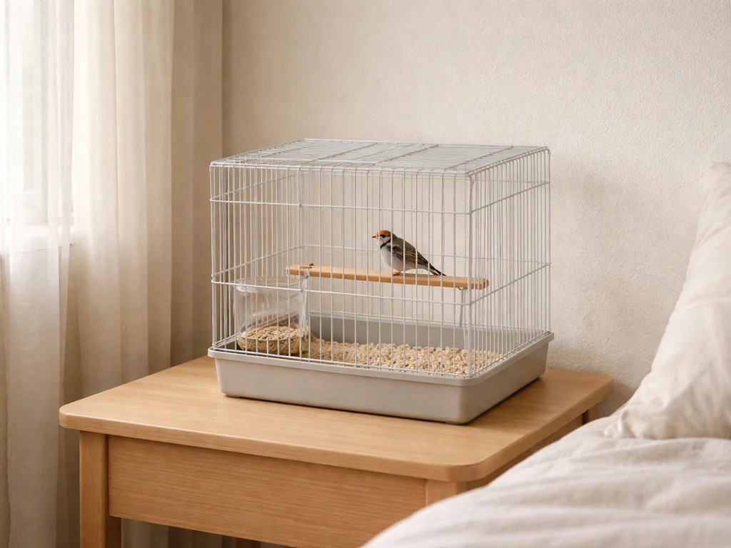Calm finch cage setup in a quiet room with perch and soft daylight, suggesting gentle trust-building.