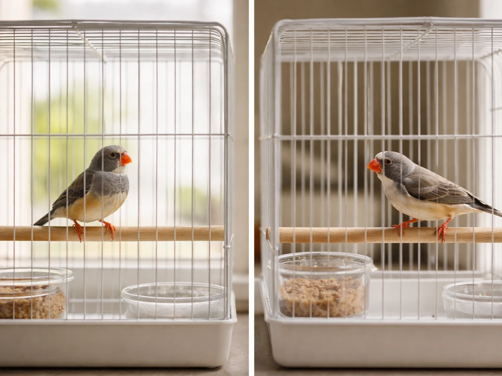 Two finches in separate cages side by side: one calm on a perch, the other alert and skittish.