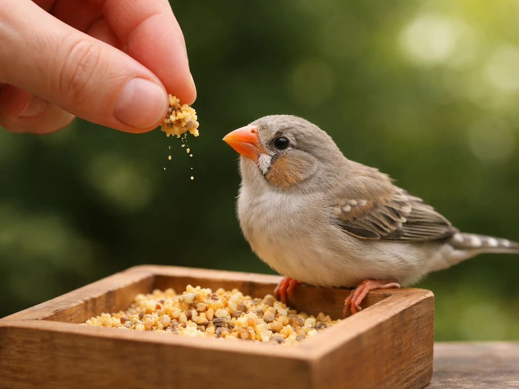 Young finch perched on a small wooden feeder as a hand offers a pinch of millet/egg food.