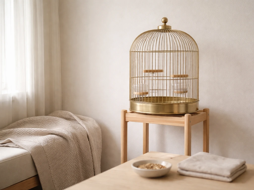 Calm bird cage placed at eye level with soft daylight and safe, minimal materials nearby.