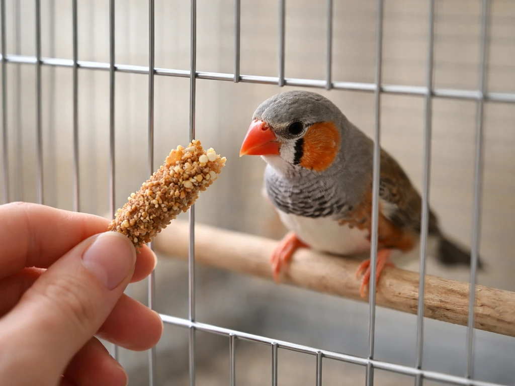 Hand holding millet and egg food at cage bars as a finch approaches to peck.