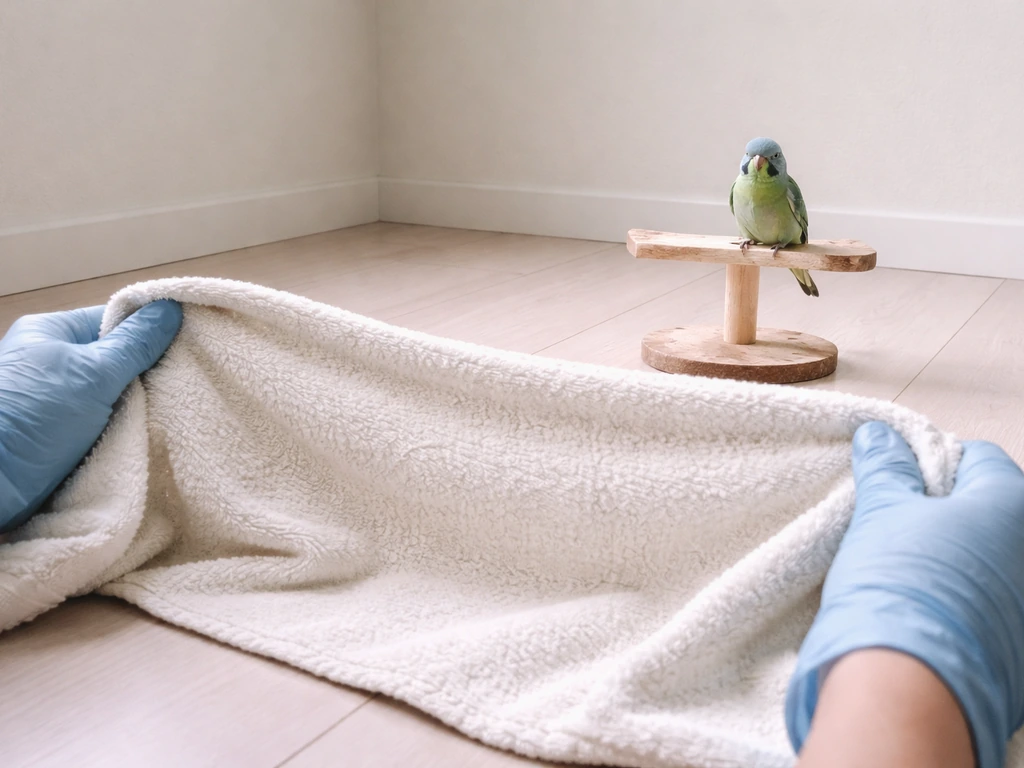 Gloved hands holding an open towel near a calm pet bird on a small perch indoors