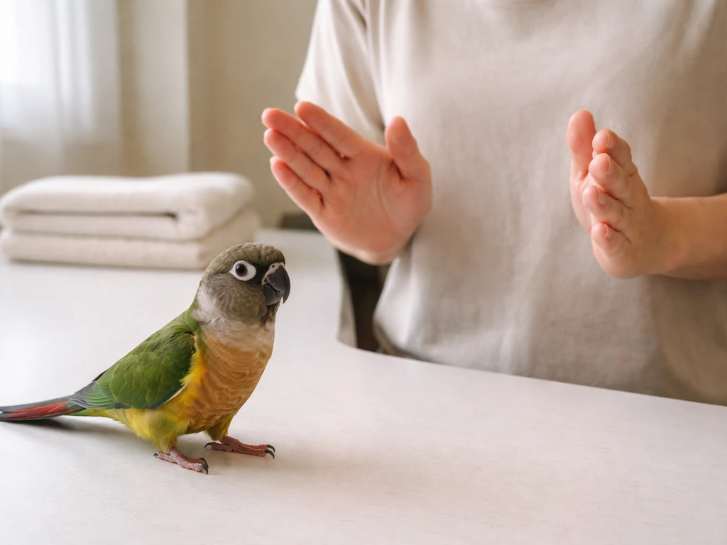Caregiver calmly holding posture near a parrot, with a towel folded away—no towel grab, no chest compression.