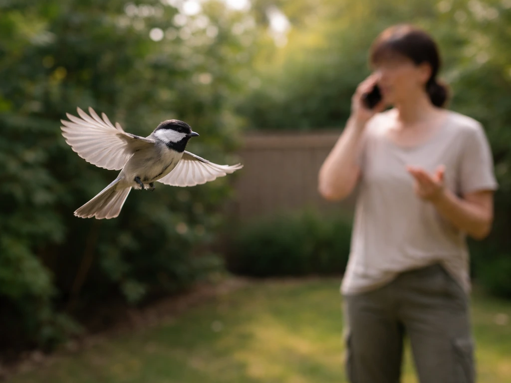 Actively flying wild bird above a caretaker who calls a wildlife rehabilitator; no towel or chasing.