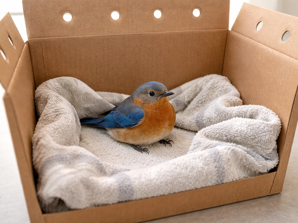 Small bird resting in a towel-lined carrier, towel loosened, transport-ready and stable.