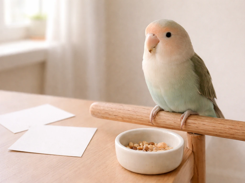 Calm companion bird on a perch beside a treat dish with blank cue cards in a quiet home setting.