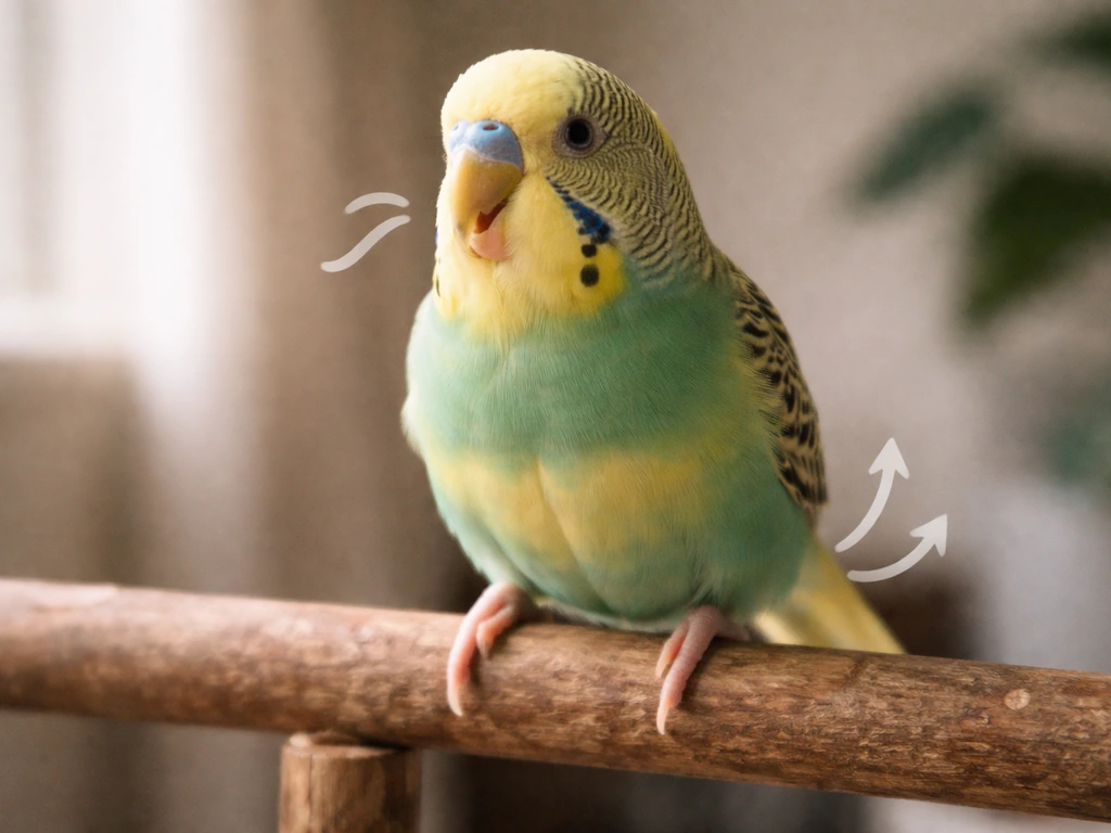 Close-up of a small pet bird on a perch with subtle visual cues suggesting open-mouth breathing and tail bobbing.