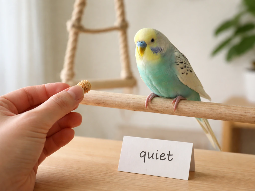 Hand offering a treat to a calm bird during a quiet training pause, with a “quiet” cue card nearby.