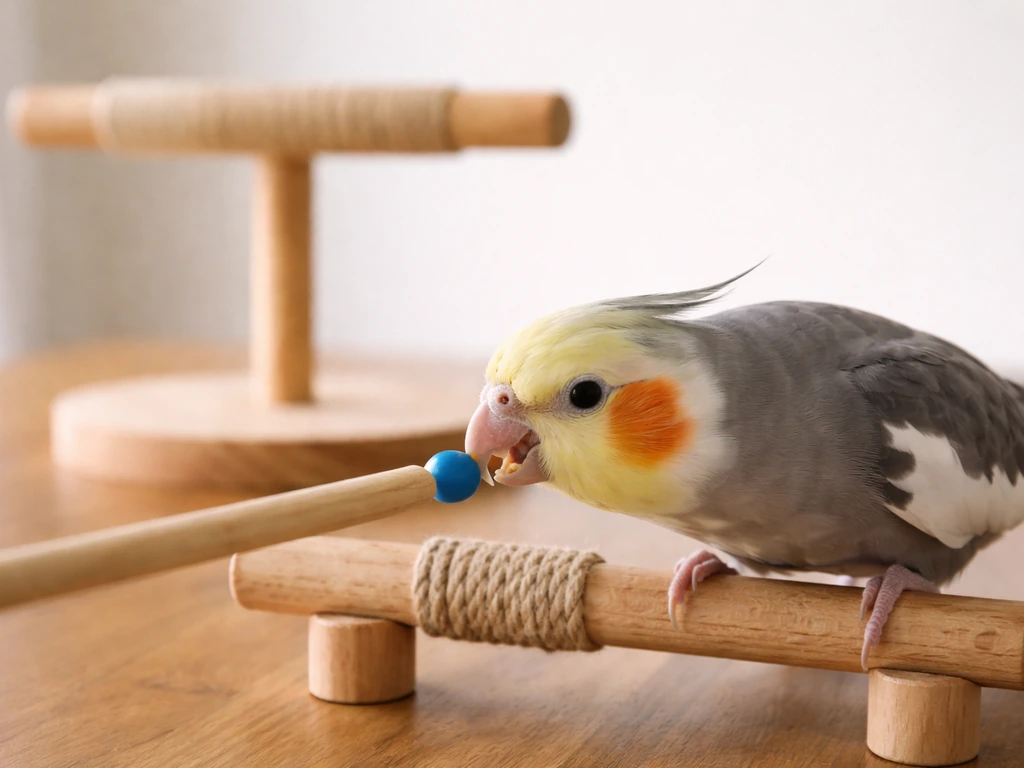 Close-up of a small bird touching a target perch stick with a treat nearby, then stepping up to a higher perch.