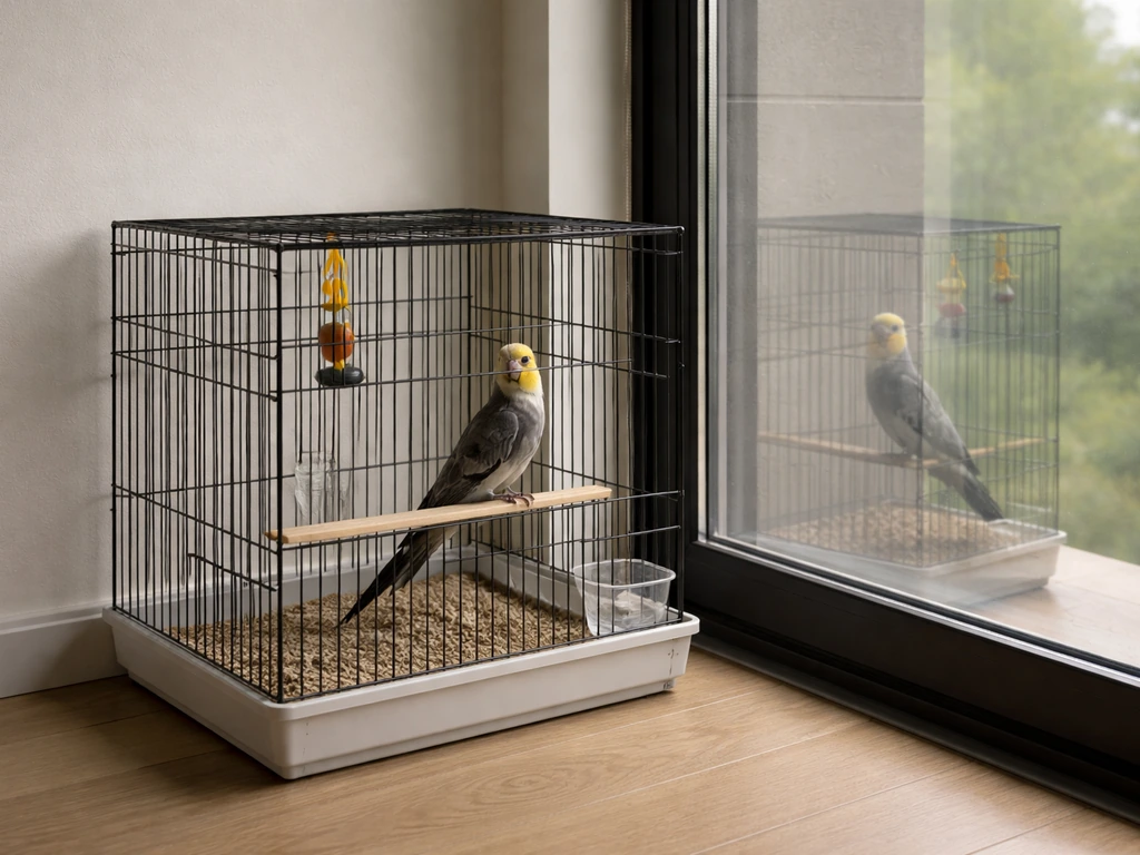 Cockatiel cage near a reflective window, with light reflections suggesting territorial triggers.