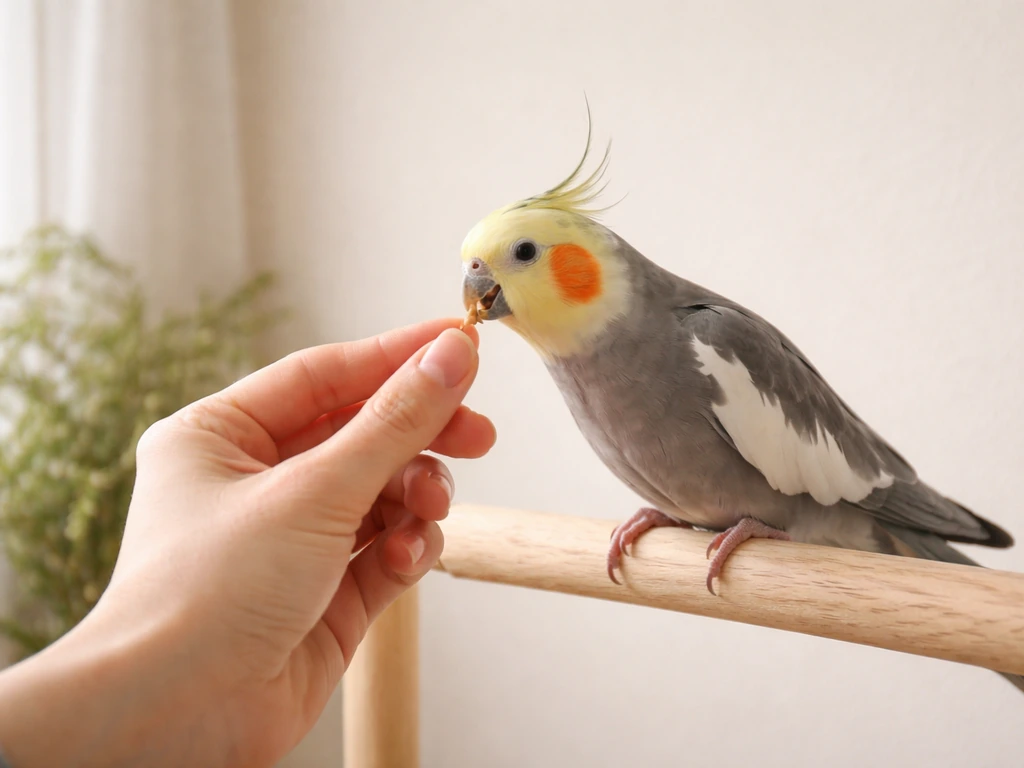 Calm pet bird perched on a wooden dowel as a handler gently offers a treat in a draft-free room.