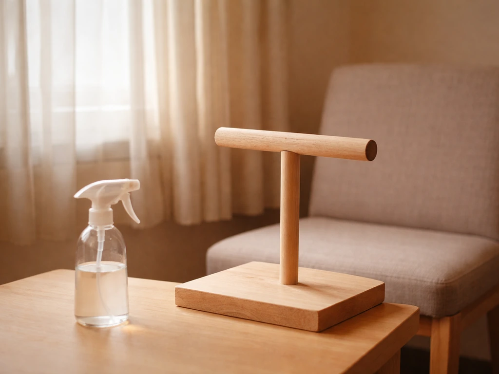 Warm quiet room with a wooden perch and a clean spray bottle on a table, uncluttered and calm.