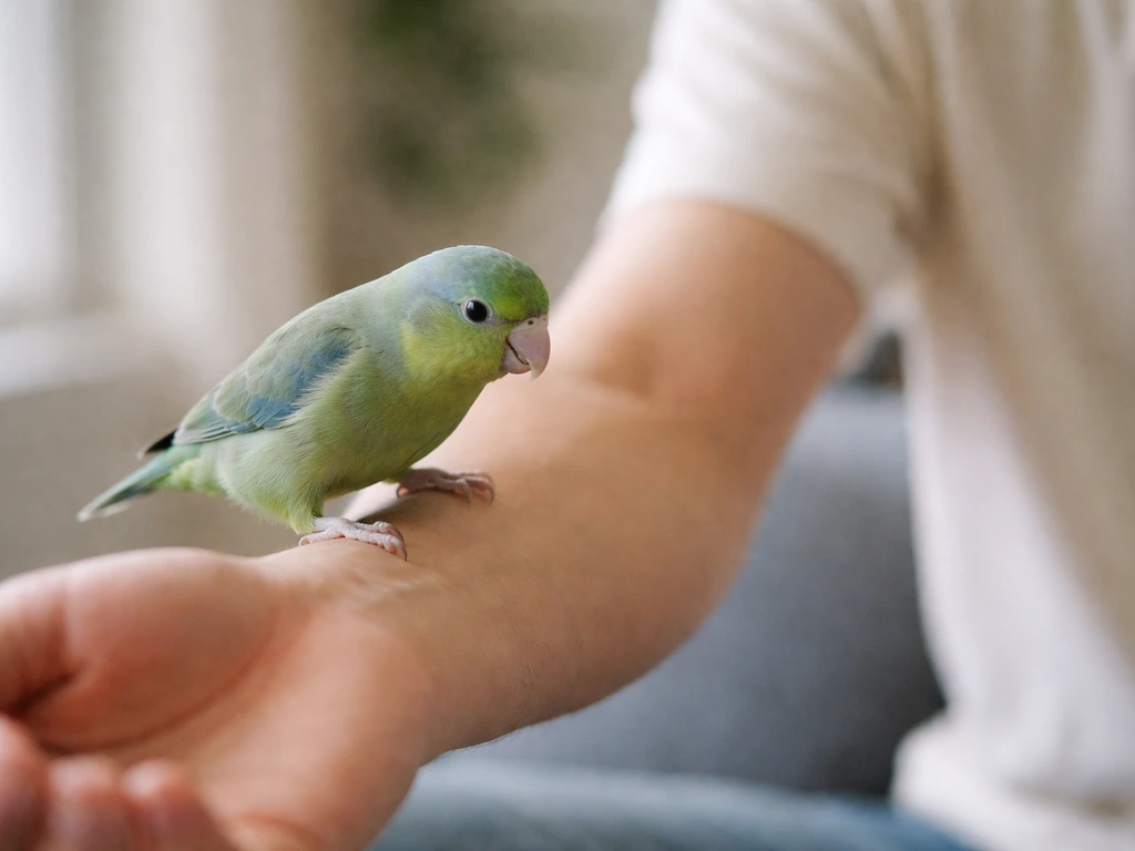 Small pet bird stepping calmly onto an open forearm in a relaxed, non-threatening approach.
