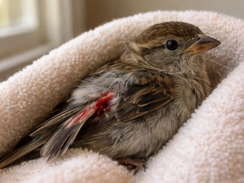 Close-up of a small bird with a broken, bleeding feather on a clean towel.