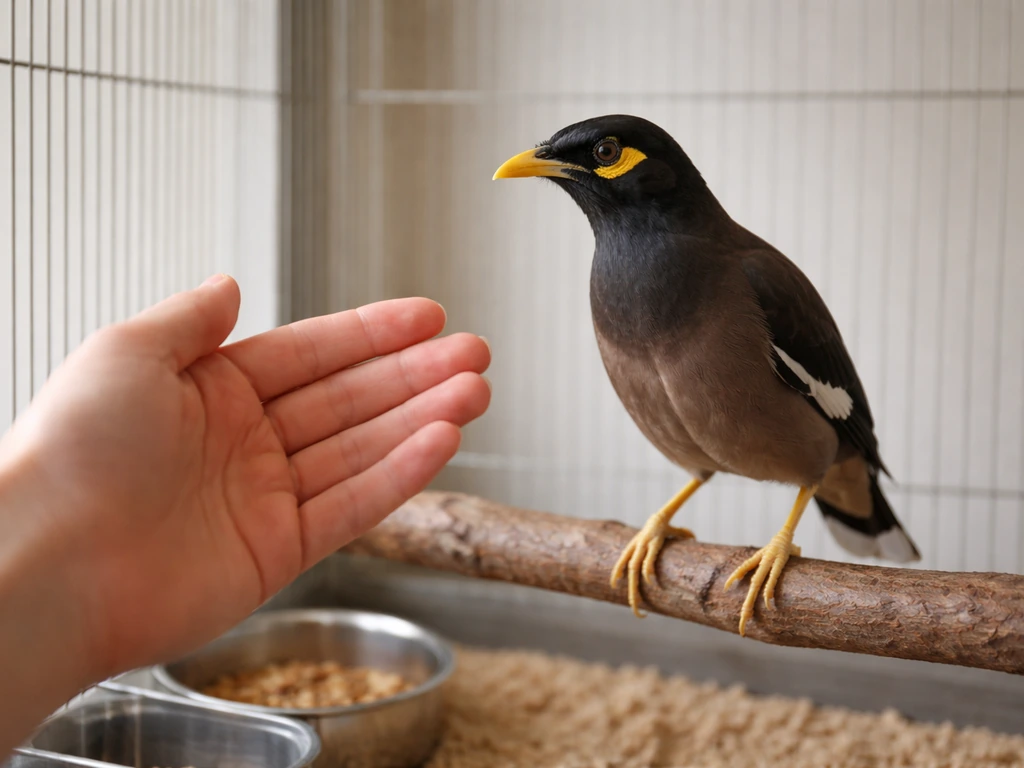 Calm person offering food by hand near a mynah bird in a clean, safe cage setting.