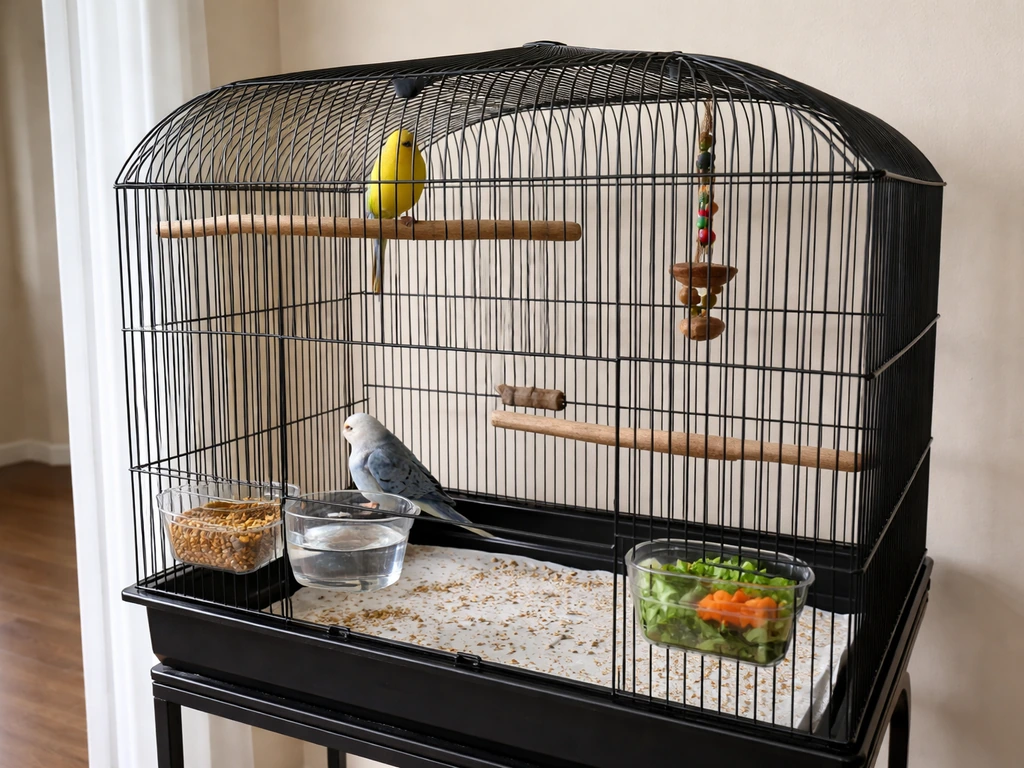 Roomy bird cage at eye level with visible food and water in a calm, draft-free indoor spot