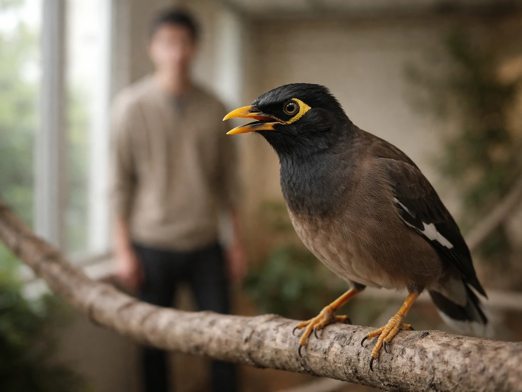 Close-up of a mynah showing stress cue with handler staying still in the background