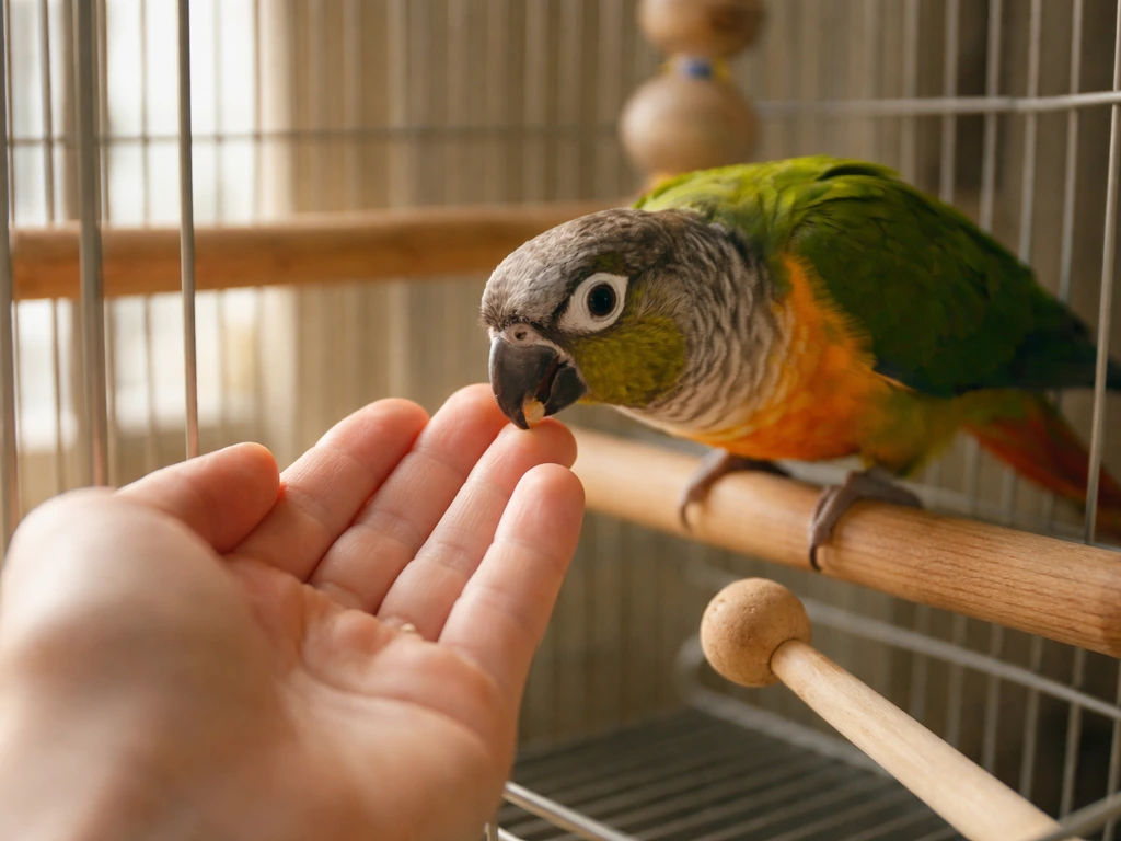 Small parrot inside a cage taking a treat from an open palm near a small target stick