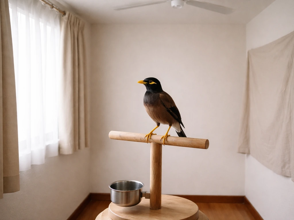 A mynah perched in a quiet room with windows curtained and mirrors covered for safe short handling.