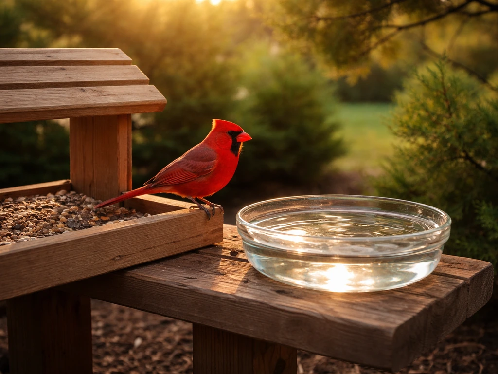 Northern Cardinal perched at a bird feeder beside a small birdbath with shrubs nearby.