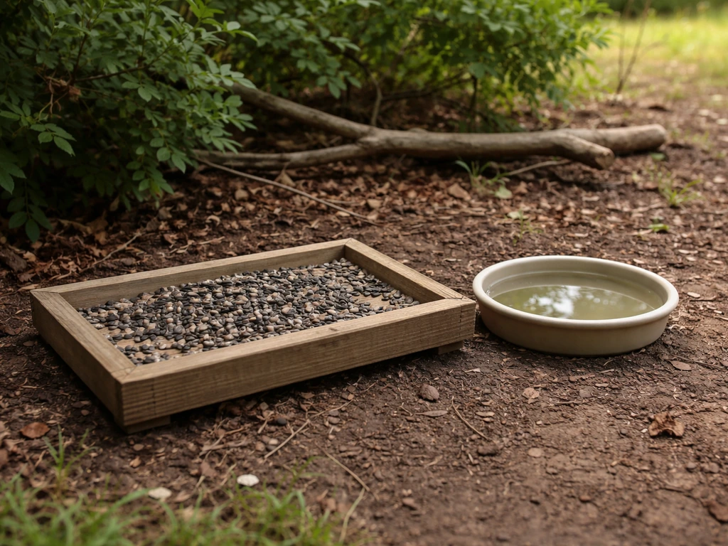Backyard feeding station with sunflower seeds, shallow water dish, and nearby shrubs for shelter.