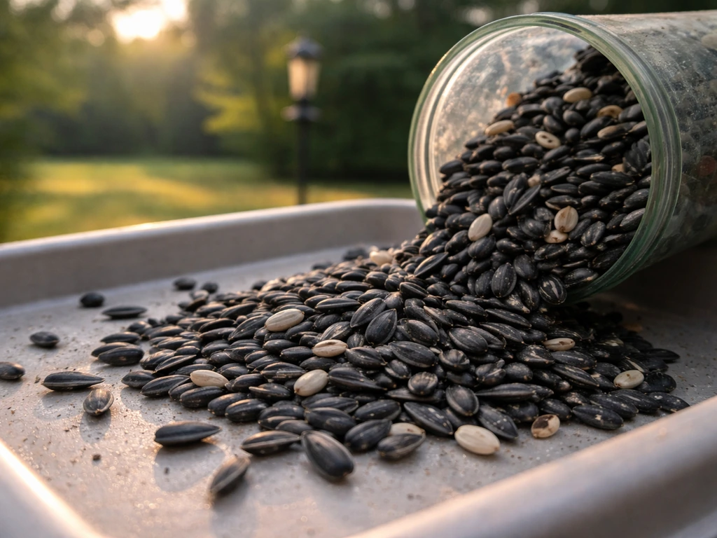 Black-oil sunflower seeds spilling from a feeder onto a tray in soft morning light, with a few safflower seeds.