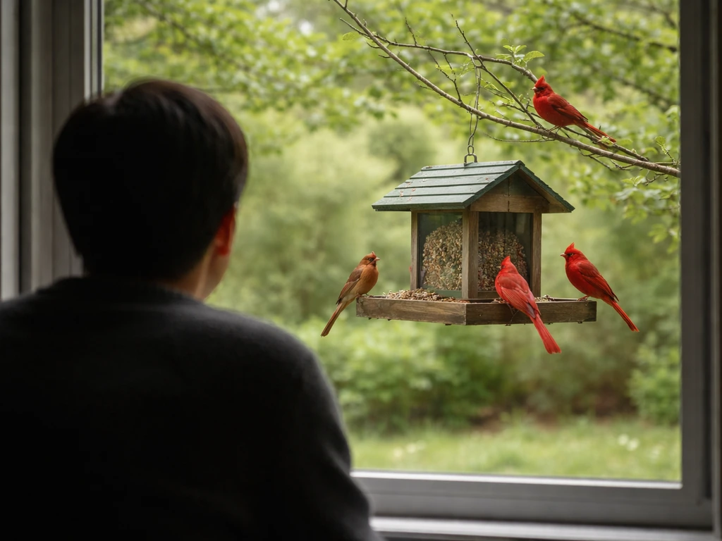 Person watching wild cardinals feed from indoors by a window, calm birds at a backyard feeder.