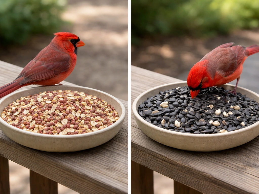 Side-by-side bowls showing mixed seed with mostly milo/oats vs black-oil sunflower/safflower, with birds avoiding the mi
