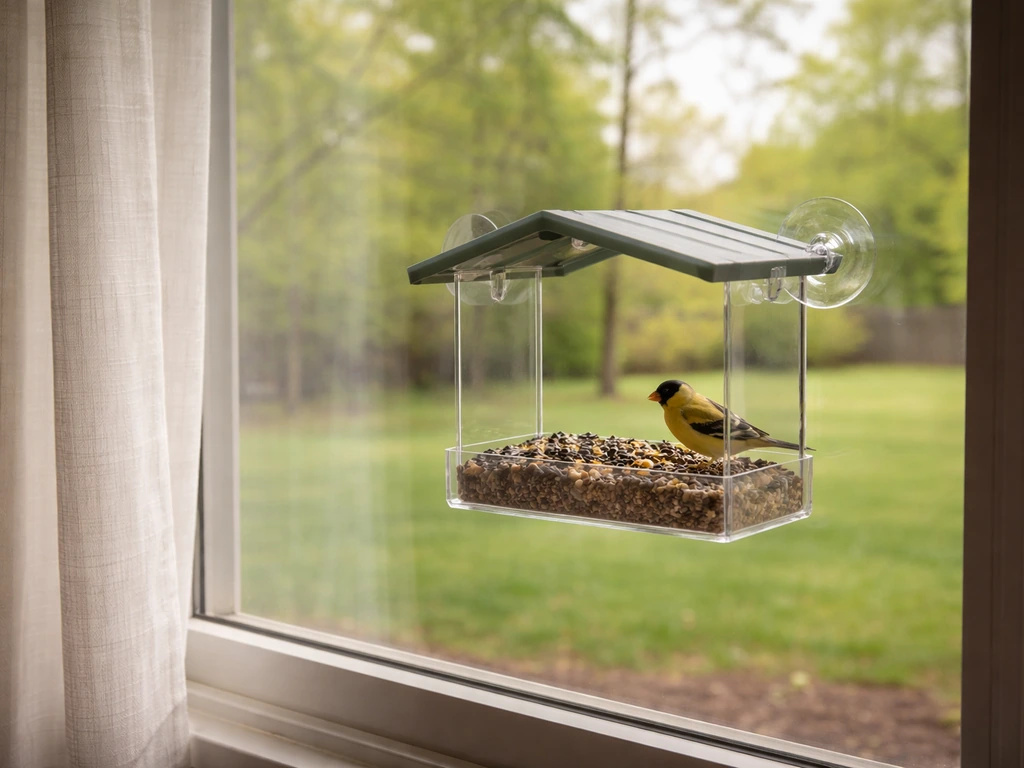 Small bird perched on a feeder beside a window with film/curtain, showing safe placement near glass.