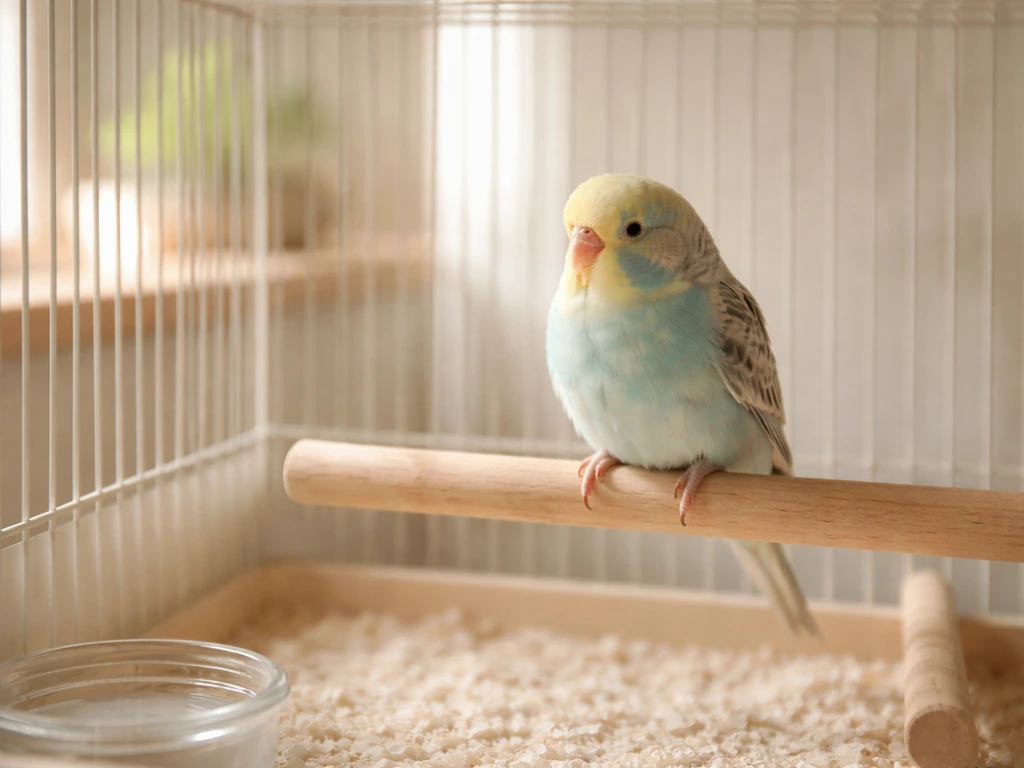 Calm pet bird perched quietly inside a softly lit cage with a relaxed, humane home environment.