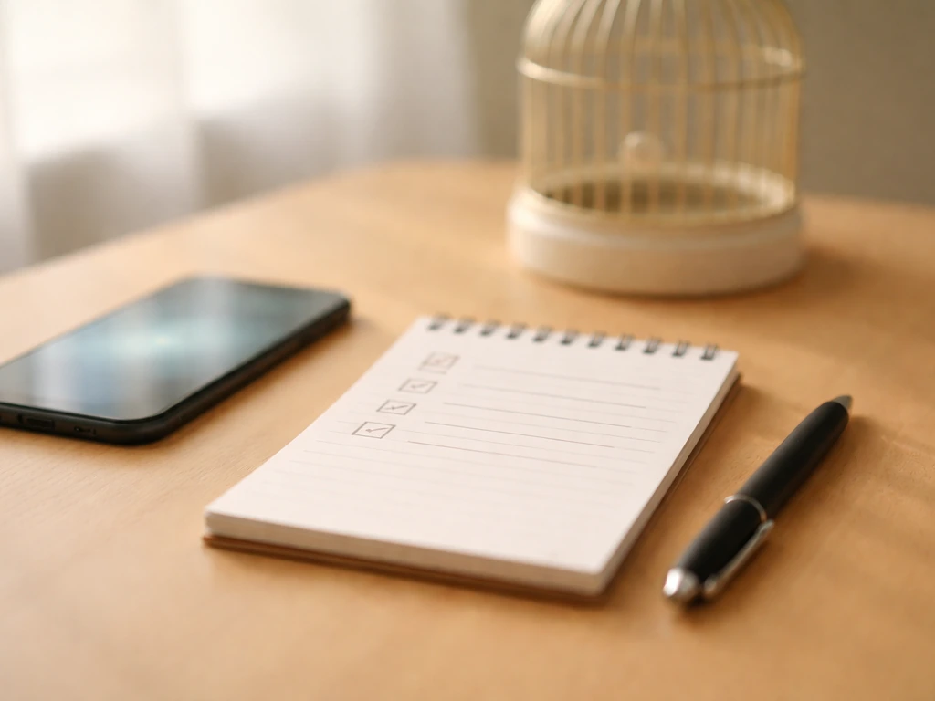 Close-up of a checklist with bird cage nearby and a phone showing morning timing for noise triage.