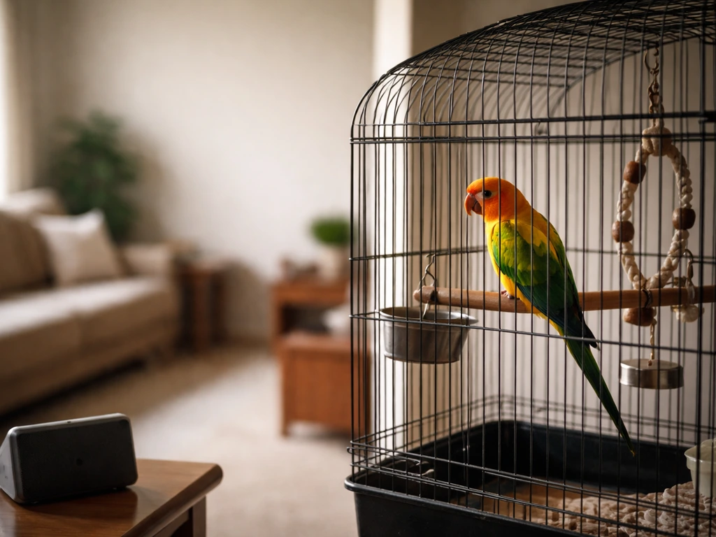 Close-up of a parrot cage against a wall with a muted background sound device nearby, calm indoor setting.