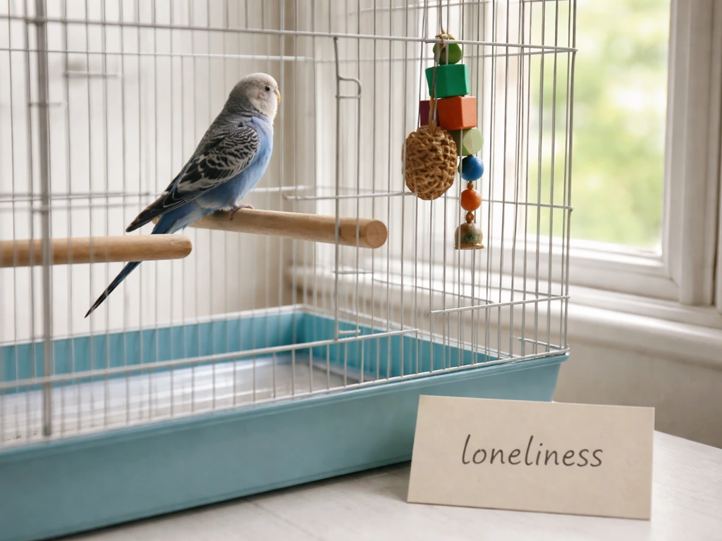 A budgie in a simple cage with two perches and an interactive toy, plus a note card reading “loneliness”.
