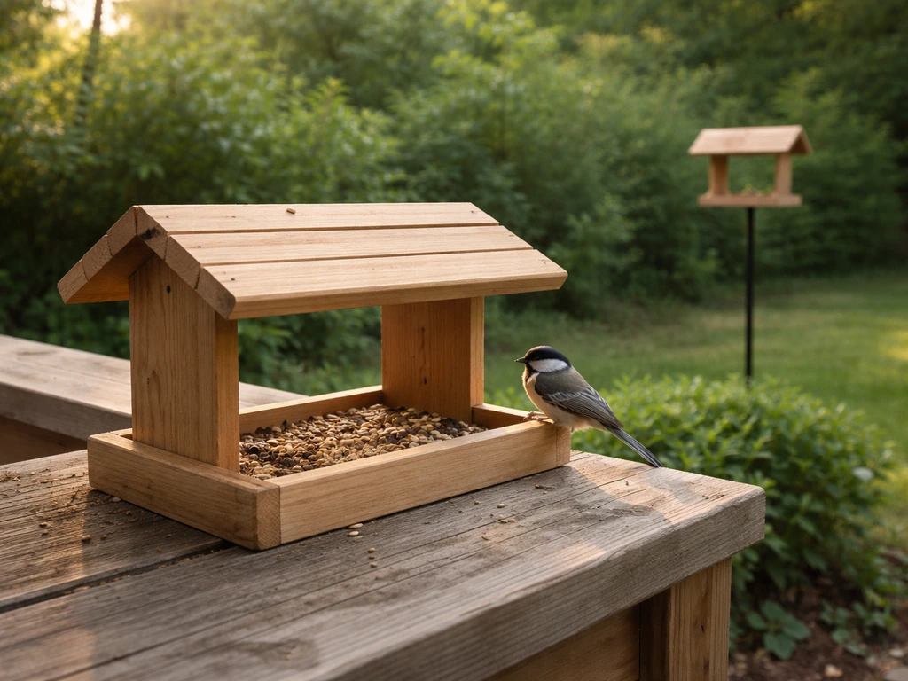 A small wild bird perched at a bird feeder in a quiet backyard garden with safe feeding placement.