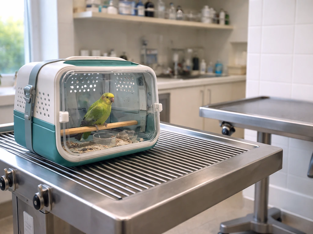 A small bird in a carrier on a stainless avian vet exam table in a quiet clinic room.