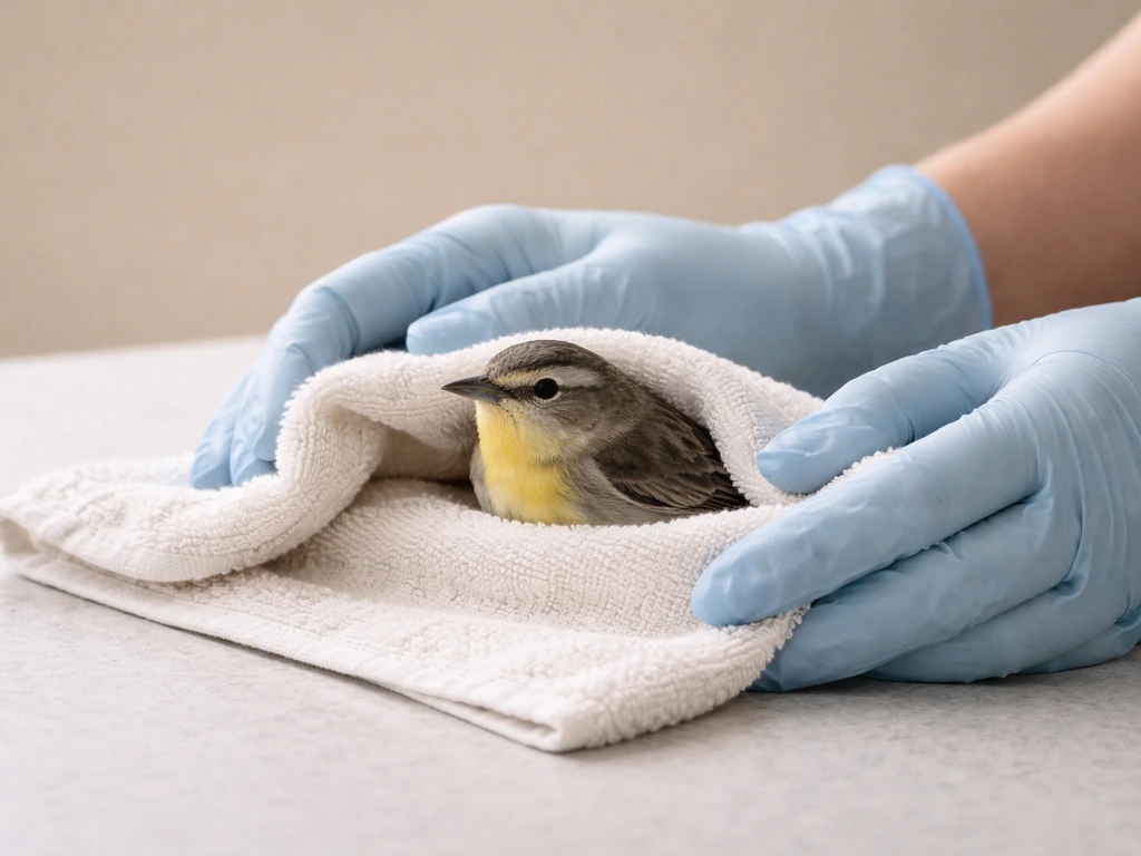 Gloved hands using a towel to gently restrain a calm bird in a quiet indoor setting