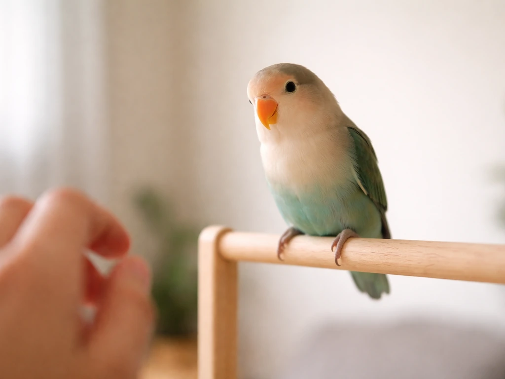 Person watches a small bird perched on a wooden perch from a safe distance before approaching.
