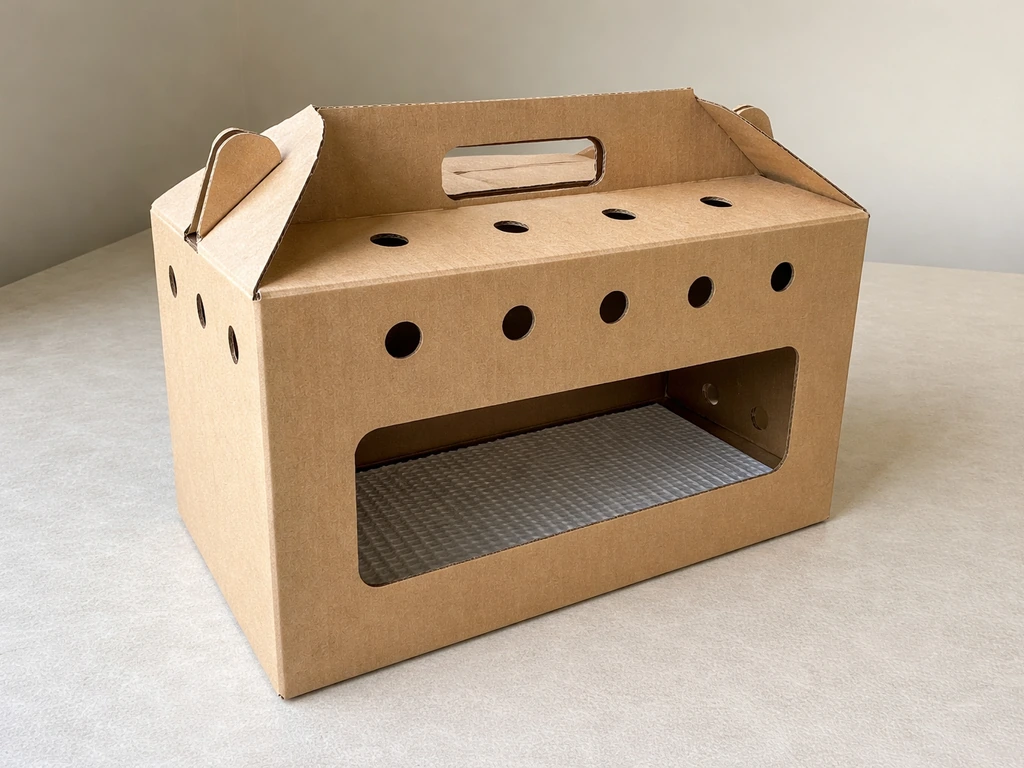 Cardboard wildlife bird carrier with air holes and non-slip liner on a plain surface, no bird present.
