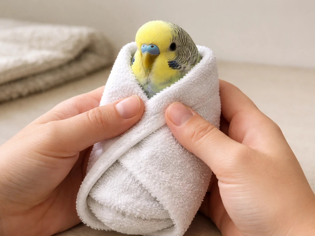 Close-up of hands wrapping a small bird in a towel with gentle, controlled grip and head support.