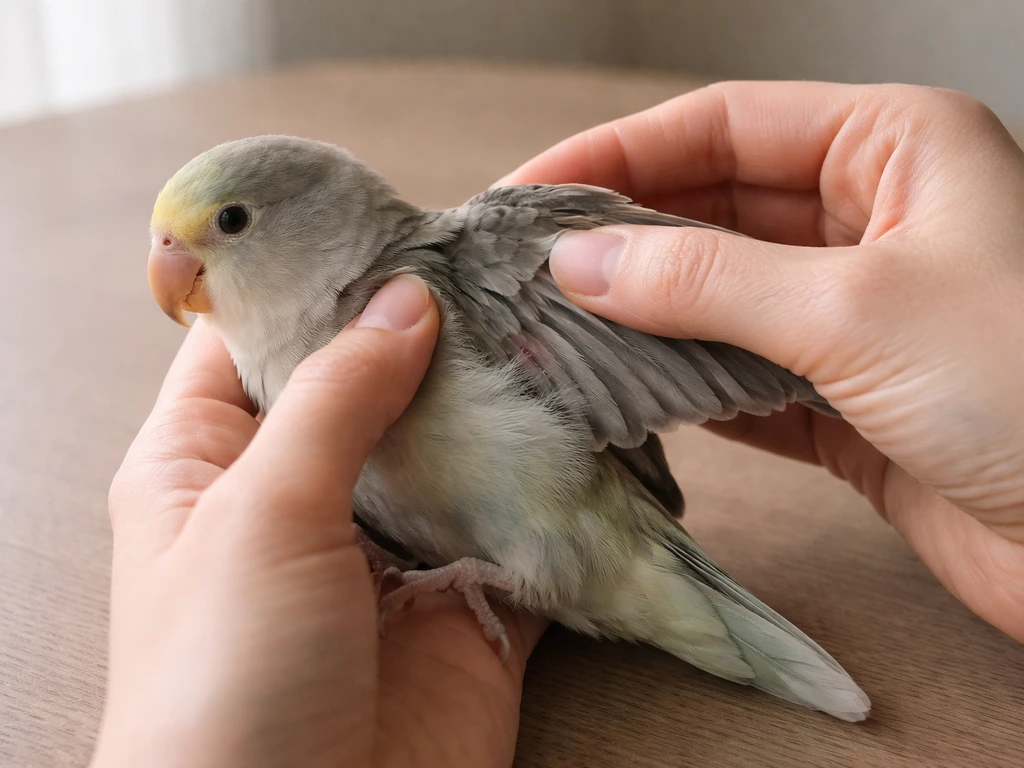 Person gently examining a pet bird’s wing for blood feathers on a quiet home table