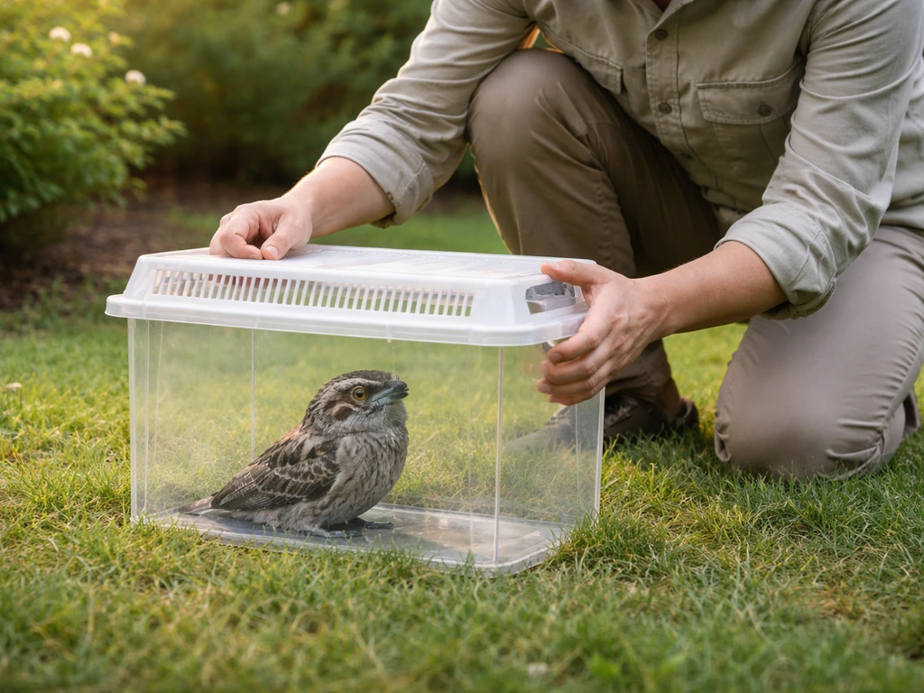 Anonymous handler gently guides a small bird into a clear carrier in a quiet backyard.